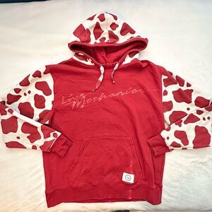 Live Mechanics Cow Print Hoodie Sweatshirt Mens XXL Red White Streetwear Hooded